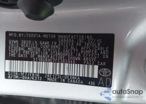 2015 Toyota Corolla Le Plus из США, поврежденный, VIN 2T1BURHE7FC365940